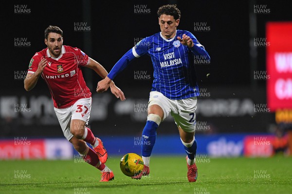 281025 - Wrexham v Cardiff City - Carabao Cup Round 4 - Yousef Salech of Cardiff City is challenged by Matthew James of Wrexham