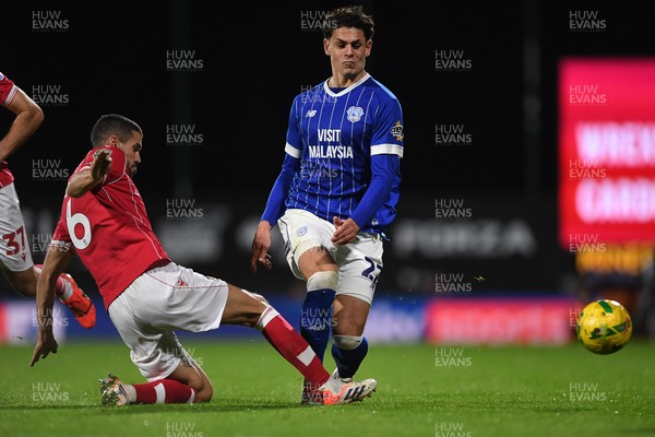 281025 - Wrexham v Cardiff City - Carabao Cup Round 4 - Yousef Salech of Cardiff City is challenged by Conor Coady of Wrexham