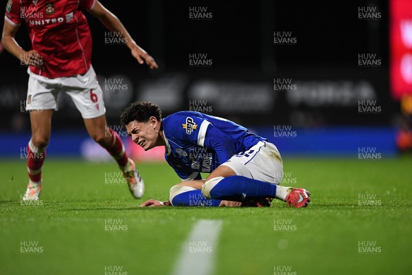 281025 - Wrexham v Cardiff City - Carabao Cup Round 4 - Yousef Salech of Cardiff City is challenged by Conor Coady of Wrexham