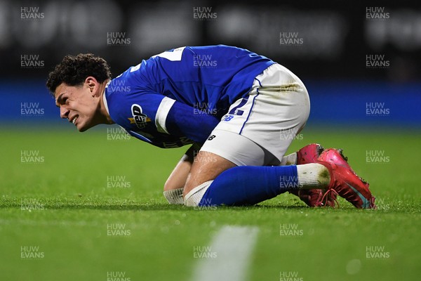 281025 - Wrexham v Cardiff City - Carabao Cup Round 4 - Yousef Salech of Cardiff City is challenged by Conor Coady of Wrexham