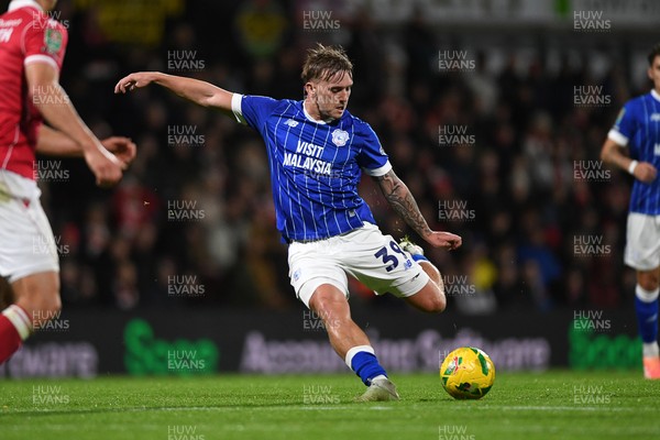 281025 - Wrexham v Cardiff City - Carabao Cup Round 4 - Isaak Davies of Cardiff City has a shot on goal