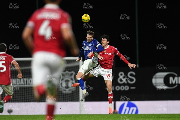 281025 - Wrexham v Cardiff City - Carabao Cup Round 4 - Calum Chambers of Cardiff City is challenged by Kieffer Moore of Wrexham