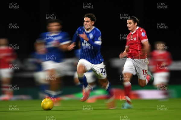 281025 - Wrexham v Cardiff City - Carabao Cup Round 4 - Yousef Salech of Cardiff City is challenged by George Dobson of Wrexham