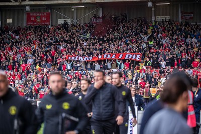 260425 - Wrexham v Charlton Athletic - Sky Bet League 1 - A Wrexham til I Die banner in the Wrexham crowd ahead of kick off