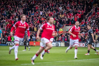260425 - Wrexham v Charlton Athletic - Sky Bet League 1 - Oliver Rathbone of Wrexham AFC celebrates scoring in the first half