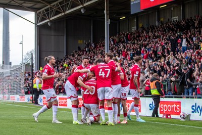 260425 - Wrexham v Charlton Athletic - Sky Bet League 1 - Oliver Rathbone of Wrexham AFC celebrates scoring in the first half