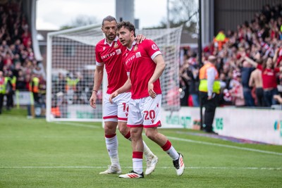 260425 - Wrexham v Charlton Athletic - Sky Bet League 1 - Oliver Rathbone of Wrexham AFC celebrates scoring in the first half