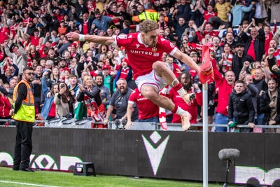 260425 - Wrexham v Charlton Athletic - Sky Bet League 1 - Sam Smith of Wrexham AFC celebrates scoring a goal to make it 2-0 shortly after the opening goal in the first half