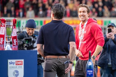 260425 - Wrexham v Charlton Athletic - Sky Bet League 1 - Wrexham Co-Owner Ryan Reynolds celebrates following the Wrexham victory over Charlton