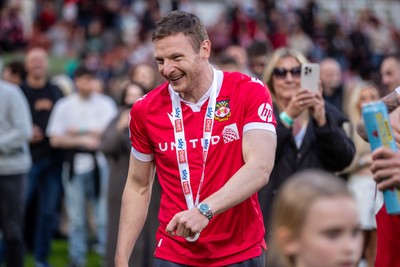 260425 - Wrexham v Charlton Athletic - Sky Bet League 1 - Paul Mullin of Wrexham celebrates their promotion at full time