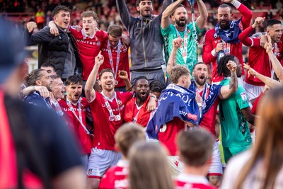 260425 - Wrexham v Charlton Athletic - Sky Bet League 1 - Wrexham players celebrate at full time