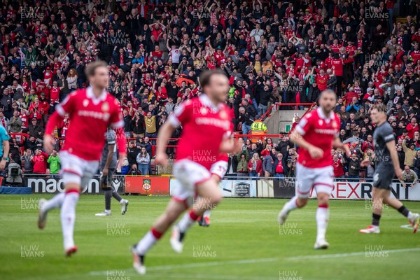 260425 - Wrexham v Charlton Athletic - Sky Bet League 1 - Oliver Rathbone of Wrexham AFC celebrates scoring in the first half