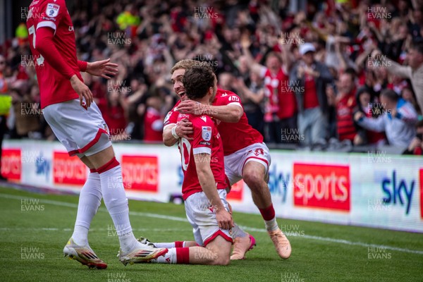 260425 - Wrexham v Charlton Athletic - Sky Bet League 1 - Oliver Rathbone of Wrexham AFC celebrates scoring in the first half