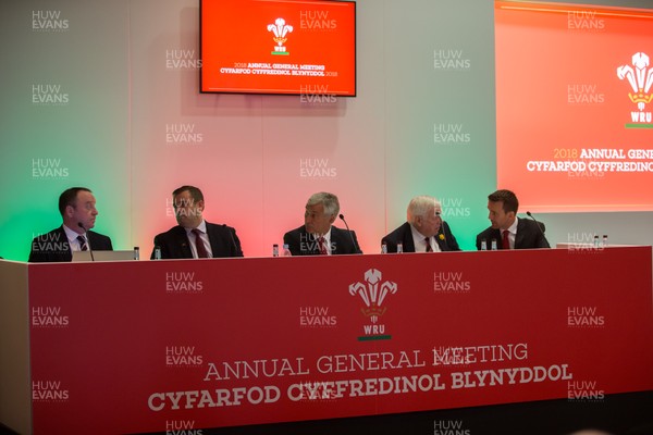 141018 - WRU Annual General Meeting, The Vale Hotel - Left to right, Steve Phillips, Group Finance Director; Martyn Phillips, Group CEO; Gareth Davies, WRU Chairman; Dennis Gethin, President of the WRU, and Rhodri Lewis, Head of Legal Affairs before the start of the WRU AGM