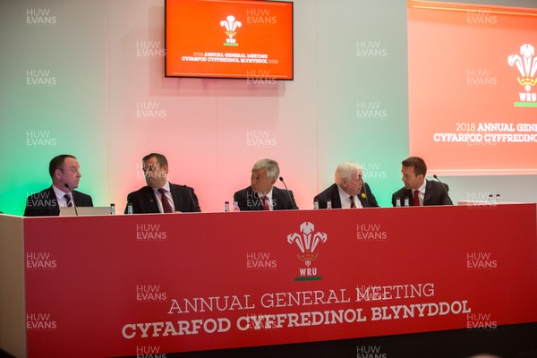 141018 - WRU Annual General Meeting, The Vale Hotel - Left to right, Steve Phillips, Group Finance Director; Martyn Phillips, Group CEO; Gareth Davies, WRU Chairman; Dennis Gethin, President of the WRU, and Rhodri Lewis, Head of Legal Affairs before the start of the WRU AGM