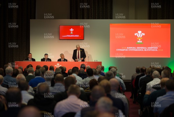141018 - WRU Annual General Meeting, The Vale Hotel - Dennis Gethin, Present of the WRU welcomes delegates from the WRU member clubs to the WRU AGM along with, Left to right, Steve Phillips, Group Finance Director; Martyn Phillips, Group CEO and Gareth Davies, WRU Chairman