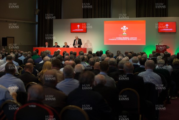 141018 - WRU Annual General Meeting, The Vale Hotel - Dennis Gethin, Present of the WRU welcomes delegates from the WRU member clubs to the WRU AGM along with, Left to right, Steve Phillips, Group Finance Director; Martyn Phillips, Group CEO and Gareth Davies, WRU Chairman