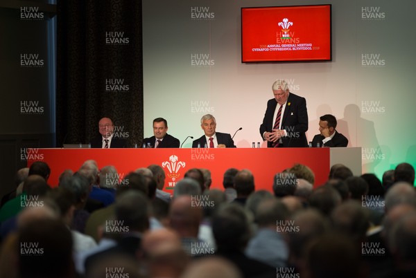 141018 - WRU Annual General Meeting, The Vale Hotel - Left to right, Steve Phillips, Group Finance Director; Martyn Phillips, Group CEO; Gareth Davies, WRU Chairman; Dennis Gethin, President of the WRU, and Rhodri Lewis, Head of Legal Affairs at the start of the WRU AGM