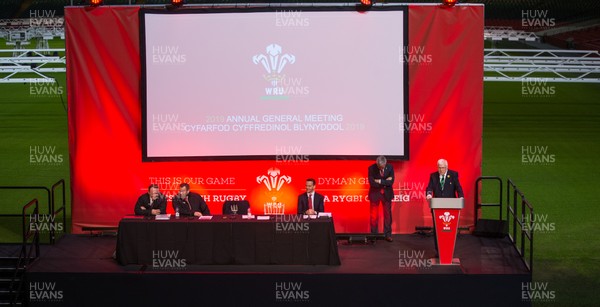 171119 - Welsh Rugby Union AGM, Principality Stadium -  Outgoing WRU President Dennis Gethin addresses delegates at the WRU AGM