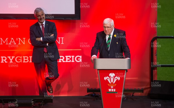 171119 - Welsh Rugby Union AGM, Principality Stadium -  Outgoing WRU President Dennis Gethin addresses delegates at the WRU AGM