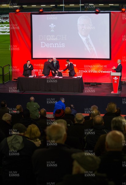 171119 - Welsh Rugby Union AGM, Principality Stadium -  Outgoing WRU president Dennis Gethin receives a standing ovation after addressing delegates at the WRU AGM
