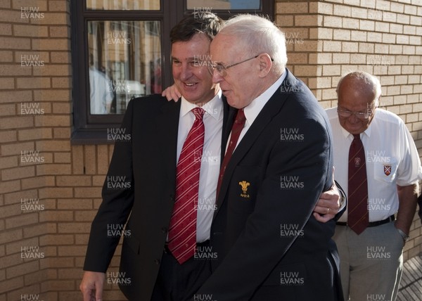 211112 - Welsh Rugby Union AGM, Port Talbot -   Roger Lewis greets representatives of the members clubs arrive for the WRU AGM at the Princess Royal Theatre, Port Talbot