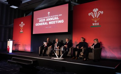 301125 - Welsh Rugby Union AGM, Vale Hotel - Left to right, Welsh Rugby Union President Terry Cobner, Welsh Rugby Union Chairman Richard Collier-Keywood, Welsh Rugby Union Chief Commercial Officer Leighton Davies, Welsh Rugby Union Director of Rugby and Elite Performance Dave Reddin and Welsh Rugby Union board member Amanda Bennett at the AGM