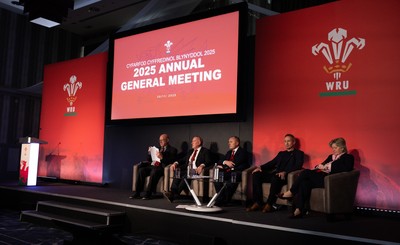 301125 - Welsh Rugby Union AGM, Vale Hotel - Left to right, Welsh Rugby Union President Terry Cobner, Welsh Rugby Union Chairman Richard Collier-Keywood, Welsh Rugby Union Chief Commercial Officer Leighton Davies, Welsh Rugby Union Director of Rugby and Elite Performance Dave Reddin and Welsh Rugby Union board member Amanda Bennett at the AGM