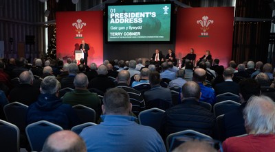 301125 - Welsh Rugby Union AGM, Vale Hotel -  Welsh Rugby Union President Terry Cobner addresses delegates at the AGM