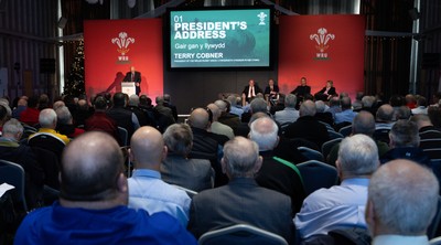 301125 - Welsh Rugby Union AGM, Vale Hotel -  Welsh Rugby Union President Terry Cobner addresses delegates at the AGM