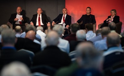 301125 - Welsh Rugby Union AGM, Vale Hotel - Left to right, Welsh Rugby Union President Terry Cobner, Welsh Rugby Union Chairman Richard Collier-Keywood, Welsh Rugby Union Chief Commercial Officer Leighton Davies, Welsh Rugby Union Director of Rugby and Elite Performance Dave Reddin and Welsh Rugby Union board member Amanda Bennett at the AGM