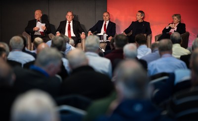 301125 - Welsh Rugby Union AGM, Vale Hotel - Left to right, Welsh Rugby Union President Terry Cobner, Welsh Rugby Union Chairman Richard Collier-Keywood, Welsh Rugby Union Chief Commercial Officer Leighton Davies, Welsh Rugby Union Director of Rugby and Elite Performance Dave Reddin and Welsh Rugby Union board member Amanda Bennett at the AGM