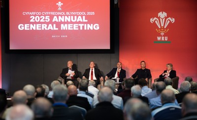 301125 - Welsh Rugby Union AGM, Vale Hotel - Left to right, Welsh Rugby Union President Terry Cobner, Welsh Rugby Union Chairman Richard Collier-Keywood, Welsh Rugby Union Chief Commercial Officer Leighton Davies, Welsh Rugby Union Director of Rugby and Elite Performance Dave Reddin and Welsh Rugby Union board member Amanda Bennett at the AGM