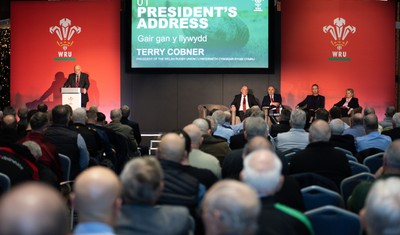 301125 - Welsh Rugby Union AGM, Vale Hotel -  Welsh Rugby Union President Terry Cobner addresses delegates at the AGM