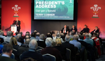 301125 - Welsh Rugby Union AGM, Vale Hotel -  Welsh Rugby Union President Terry Cobner addresses delegates at the AGM