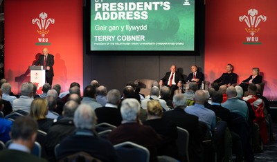 301125 - Welsh Rugby Union AGM, Vale Hotel -  Welsh Rugby Union President Terry Cobner addresses delegates at the AGM