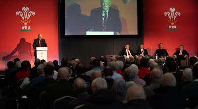 301125 - Welsh Rugby Union AGM, Vale Hotel -  Welsh Rugby Union President Terry Cobner addresses delegates at the AGM