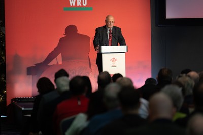 301125 - Welsh Rugby Union AGM, Vale Hotel -  Welsh Rugby Union President Terry Cobner addresses delegates at the AGM