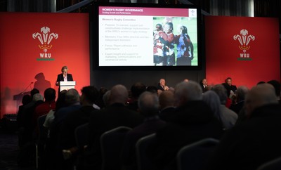 301125 - Welsh Rugby Union AGM, Vale Hotel - Welsh Rugby Union board member and Chair of the Women's Rugby Committee Amanda Bennett addresses delegates at the AGM