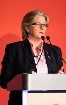 301125 - Welsh Rugby Union AGM, Vale Hotel - Welsh Rugby Union board member and Chair of the Women's Rugby Committee Amanda Bennett addresses delegates at the AGM
