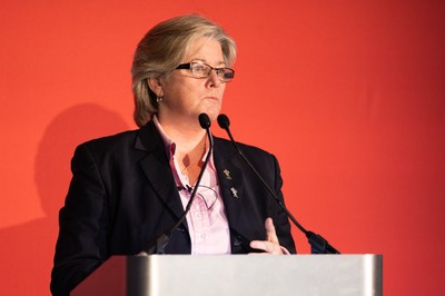 301125 - Welsh Rugby Union AGM, Vale Hotel - Welsh Rugby Union board member and Chair of the Women's Rugby Committee Amanda Bennett addresses delegates at the AGM