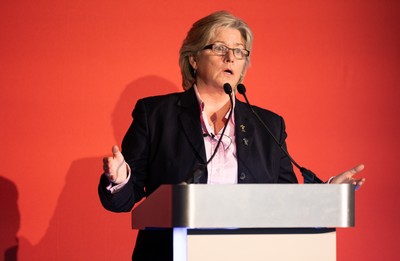 301125 - Welsh Rugby Union AGM, Vale Hotel - Welsh Rugby Union board member and Chair of the Women's Rugby Committee Amanda Bennett addresses delegates at the AGM