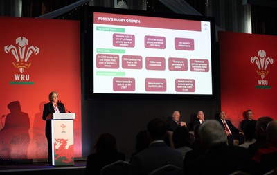 301125 - Welsh Rugby Union AGM, Vale Hotel - Welsh Rugby Union board member and Chair of the Women's Rugby Committee Amanda Bennett addresses delegates at the AGM