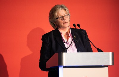 301125 - Welsh Rugby Union AGM, Vale Hotel - Welsh Rugby Union board member and Chair of the Women's Rugby Committee Amanda Bennett addresses delegates at the AGM
