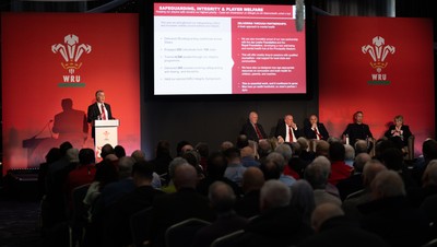 301125 - Welsh Rugby Union AGM, Vale Hotel - Welsh Rugby Union Community Director Geraint John addresses delegates at the AGM