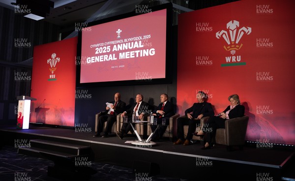 301125 - Welsh Rugby Union AGM, Vale Hotel - Left to right, Welsh Rugby Union President Terry Cobner, Welsh Rugby Union Chairman Richard Collier-Keywood, Welsh Rugby Union Chief Commercial Officer Leighton Davies, Welsh Rugby Union Director of Rugby and Elite Performance Dave Reddin and Welsh Rugby Union board member Amanda Bennett at the AGM