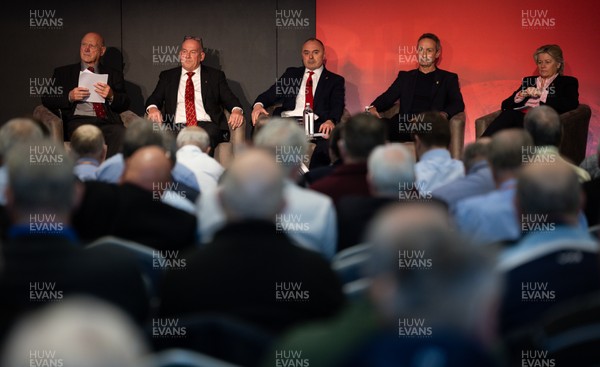 301125 - Welsh Rugby Union AGM, Vale Hotel - Left to right, Welsh Rugby Union President Terry Cobner, Welsh Rugby Union Chairman Richard Collier-Keywood, Welsh Rugby Union Chief Commercial Officer Leighton Davies, Welsh Rugby Union Director of Rugby and Elite Performance Dave Reddin and Welsh Rugby Union board member Amanda Bennett at the AGM