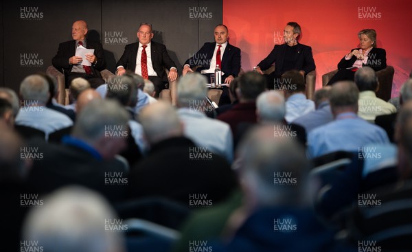 301125 - Welsh Rugby Union AGM, Vale Hotel - Left to right, Welsh Rugby Union President Terry Cobner, Welsh Rugby Union Chairman Richard Collier-Keywood, Welsh Rugby Union Chief Commercial Officer Leighton Davies, Welsh Rugby Union Director of Rugby and Elite Performance Dave Reddin and Welsh Rugby Union board member Amanda Bennett at the AGM