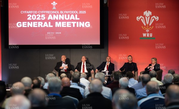 301125 - Welsh Rugby Union AGM, Vale Hotel - Left to right, Welsh Rugby Union President Terry Cobner, Welsh Rugby Union Chairman Richard Collier-Keywood, Welsh Rugby Union Chief Commercial Officer Leighton Davies, Welsh Rugby Union Director of Rugby and Elite Performance Dave Reddin and Welsh Rugby Union board member Amanda Bennett at the AGM