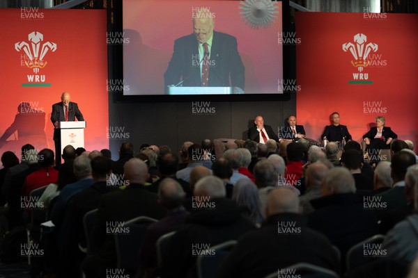 301125 - Welsh Rugby Union AGM, Vale Hotel -  Welsh Rugby Union President Terry Cobner addresses delegates at the AGM